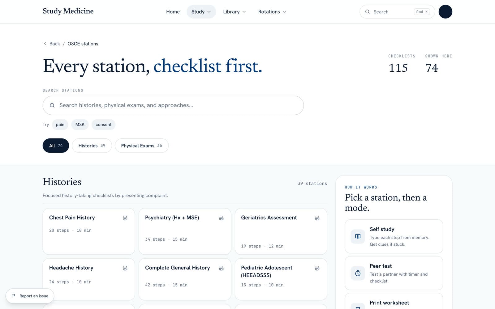 The OSCE stations page listing history checklists such as chest pain and headache